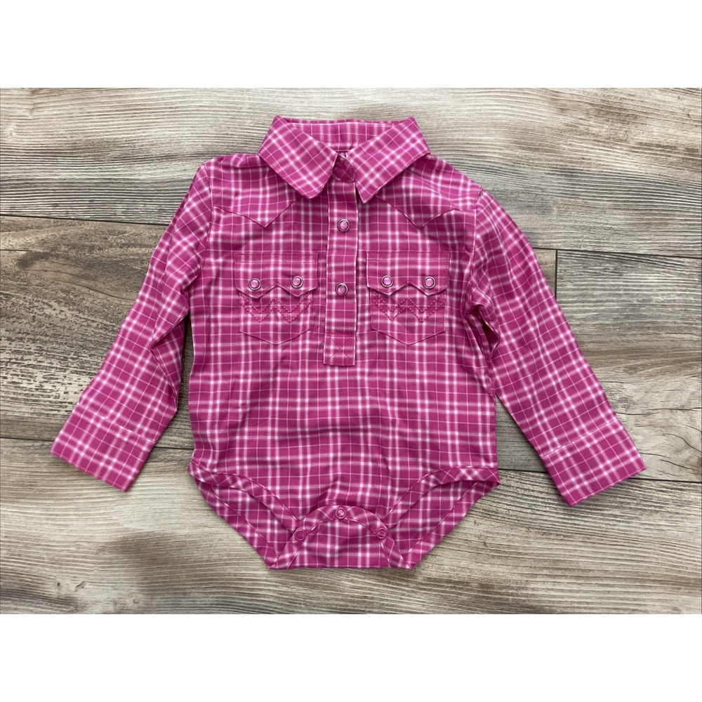 Wrangler Baby Girls Western Pearl Snap Plaid Bodysuit Pink 0-3M